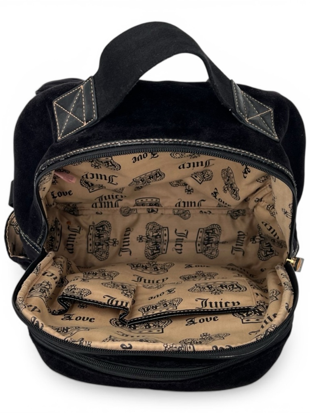 Juicy Couture Vintage Y2K Black Velour Backpack Embroidered Floral Crest Logo - Picture 11 of 13